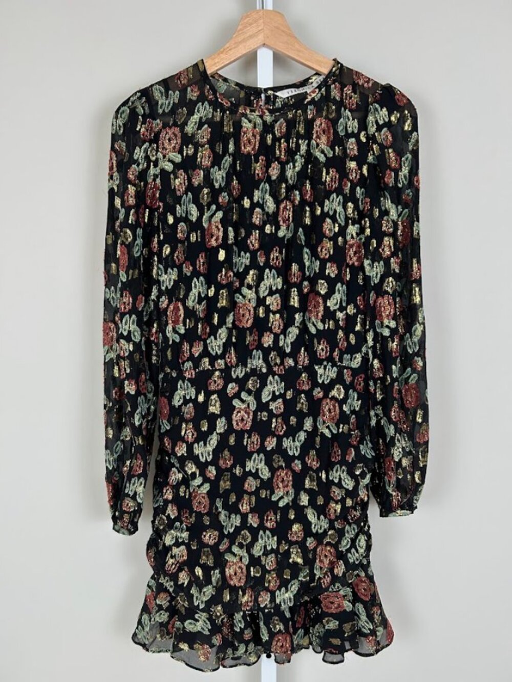 Veronica Beard Robin Silk Metallic Floral Ruched Mini Dress Ruffle Black Sz 4